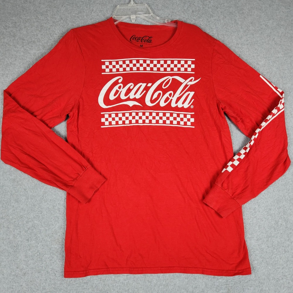 Coca-Cola T-Shirt Men Medium Red Cotton Long Sleeve Checkerboard Logo Streetwear
